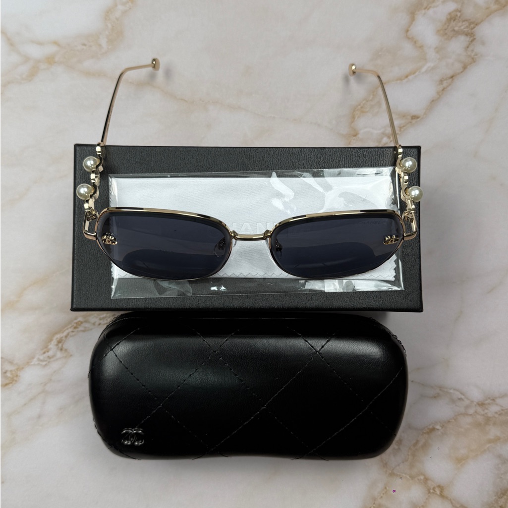 Chanel Gold Frame Black Lens Sunglasses With Pearl Detailing